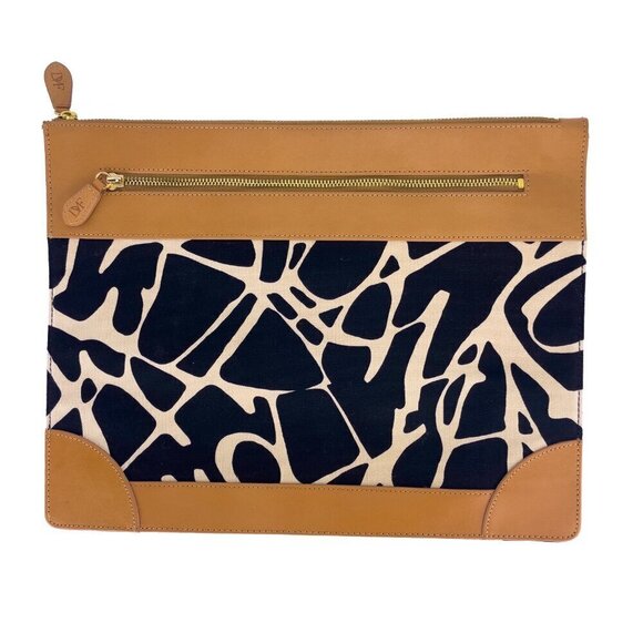 DIANE VON FURSTENBERG Large Print Canvas Tan Leather Laptop Cosmetic Pouch Bag - Picture 1 of 7